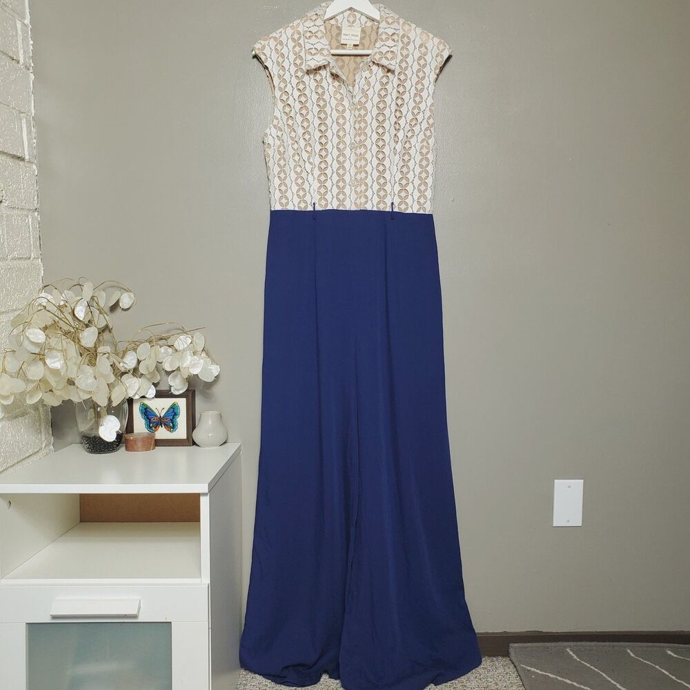 Anthropologie Tracy Reese Jumpsuit Womens Size 6 White Lace Blue Wide Leg READ